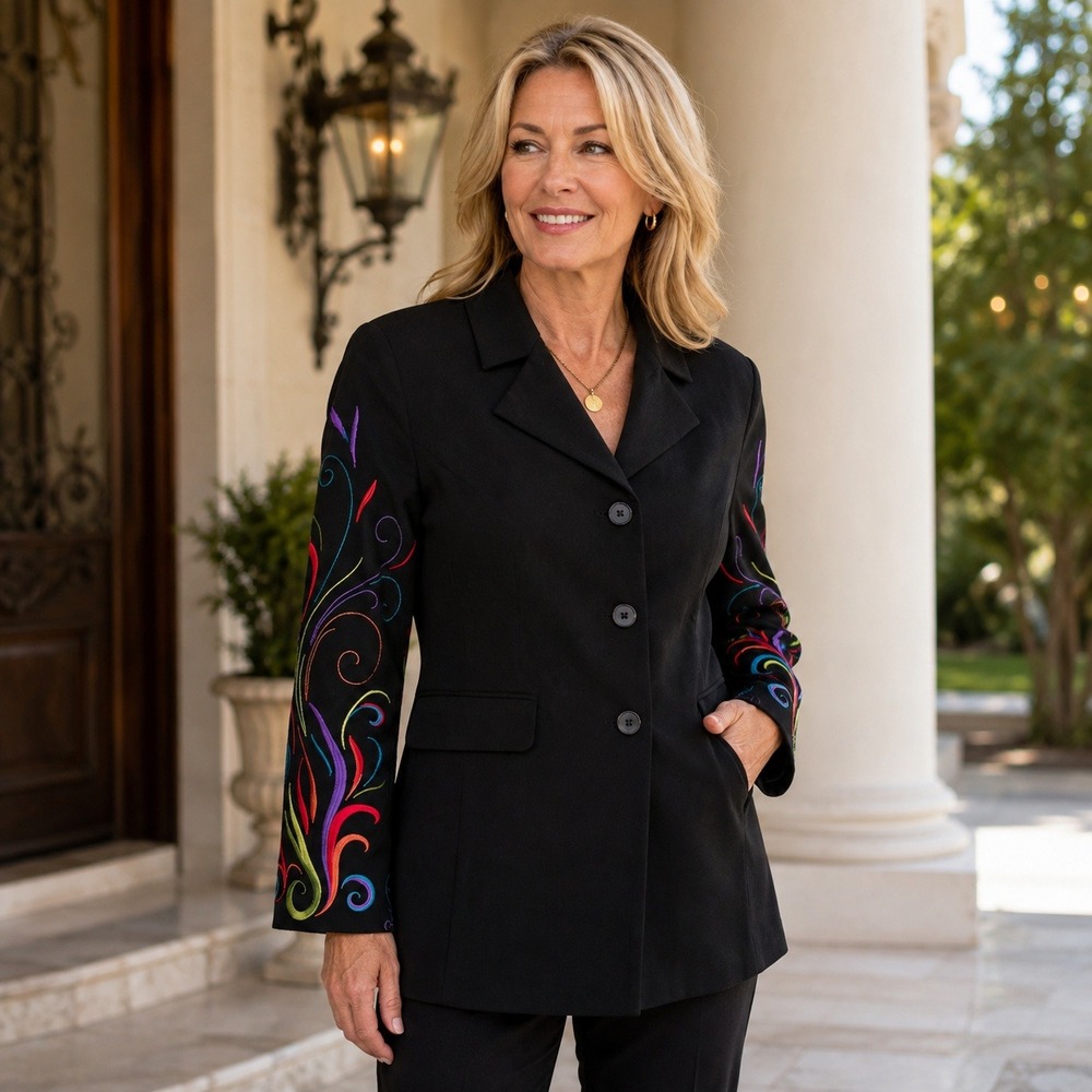 Travis Ayers Women's 12 Black Embroidered Rainbow Scroll Sleeve Blazer Jacket